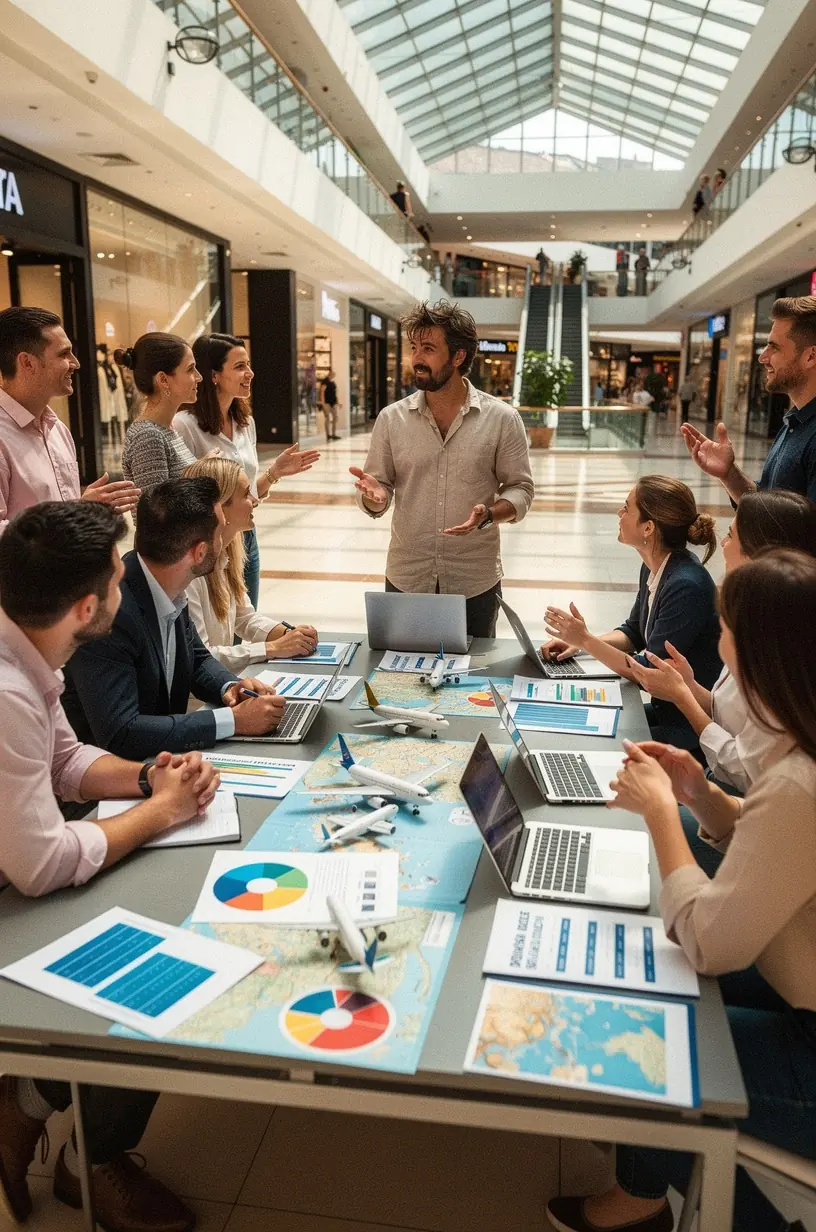 Banner informativ despre educația financiară personală, vizibil la un stand pop-up în spațiu comercial