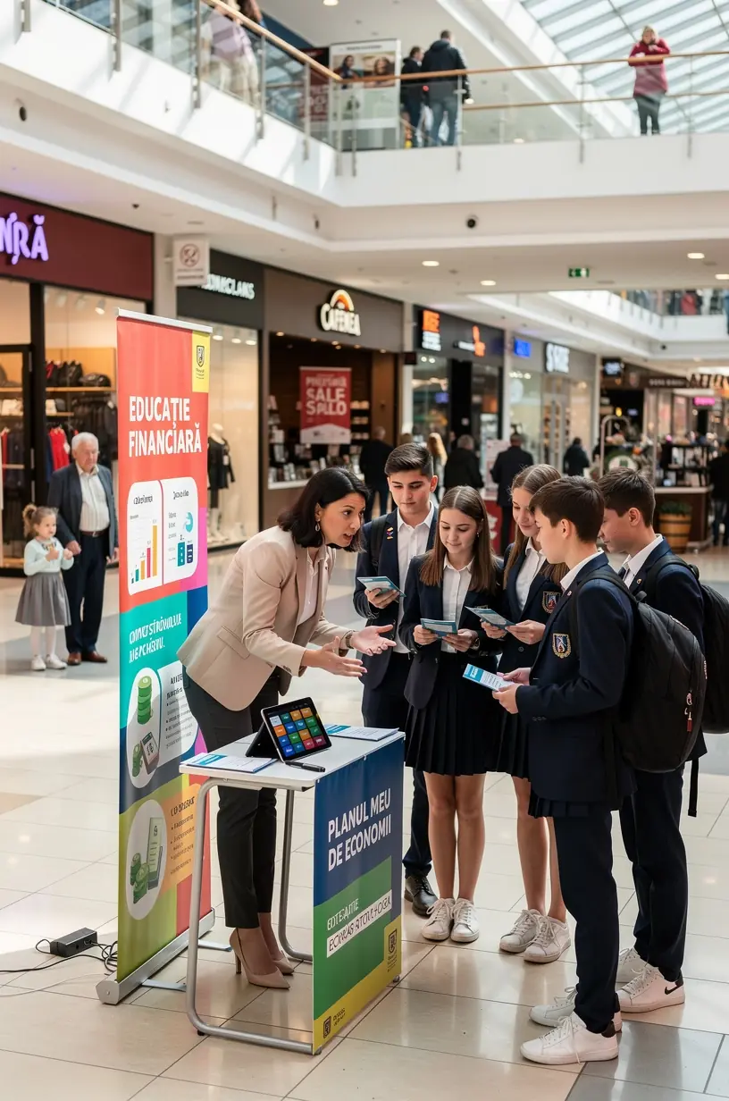 Vizitatori interesați discutând cu un expert financiar în cadrul unui eveniment educațional în mall