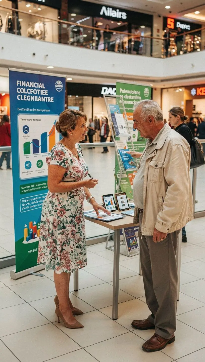 Colecție de cărți și broșuri despre finanțe personale aranjate pe un raft în standul pop-up