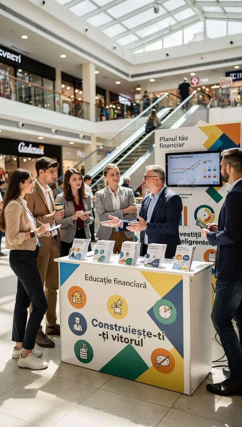 Imagine cu oameni care primesc consultanță financiară live, în cadrul unui stand educațional din mall