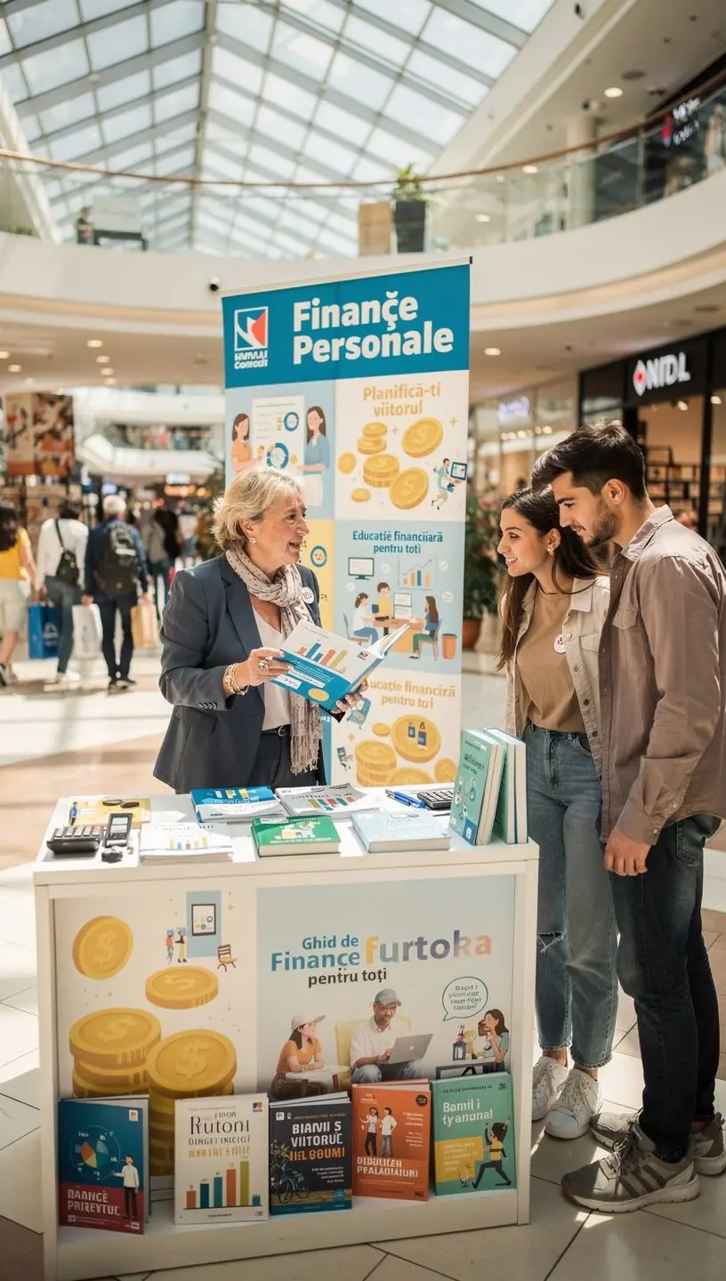 Stand educațional pop-up într-un mall cu cărți și materiale despre finanțe personale