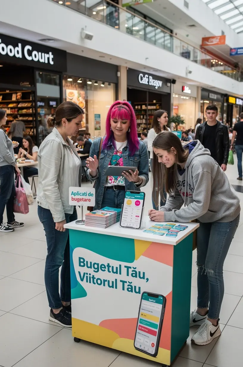 Consultant financiar oferind sfaturi practice unui grup de persoane într-un stand educațional