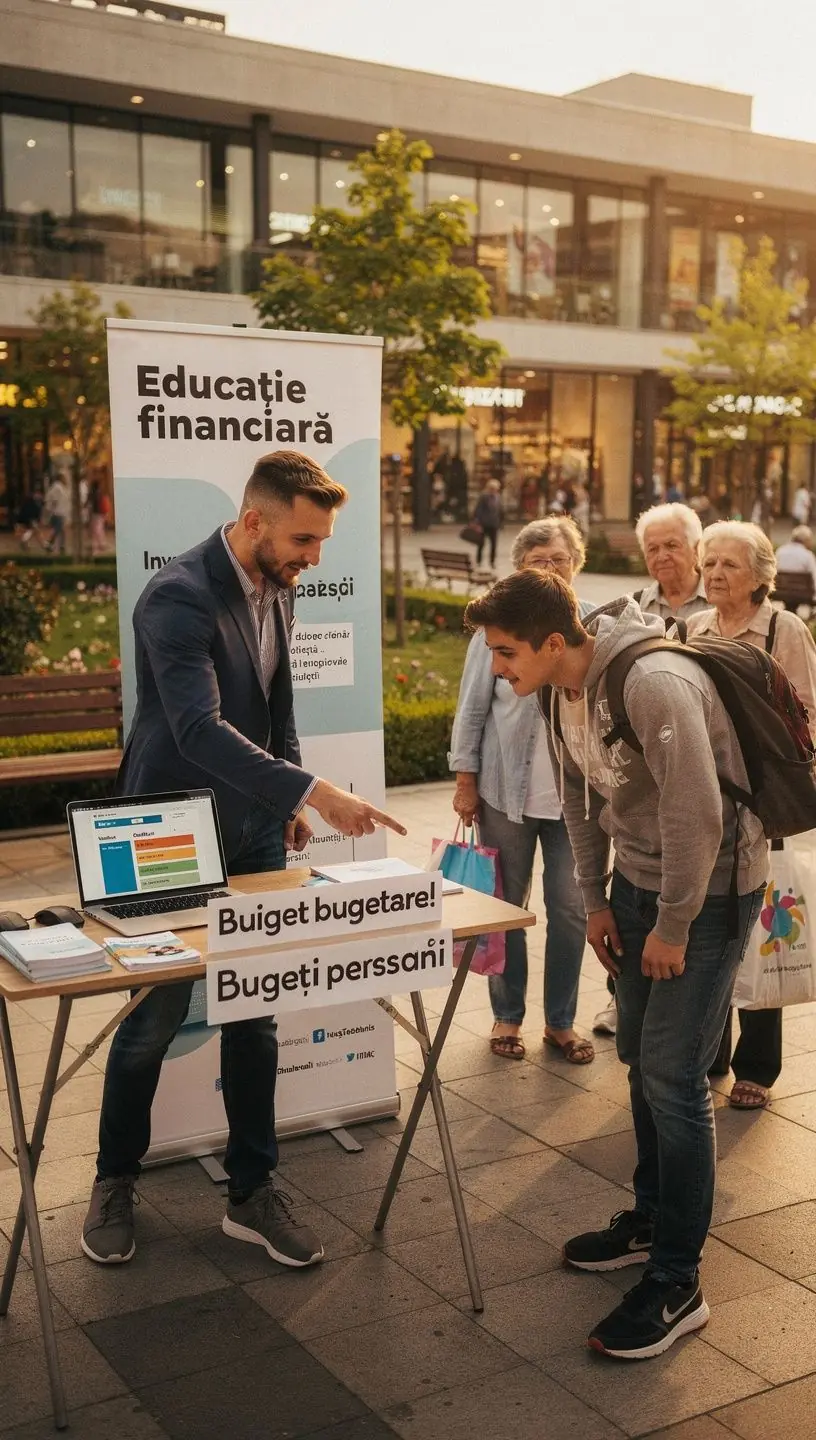 Masa cu unelte financiare și materiale educaționale expuse pentru vizitatorii unui mall